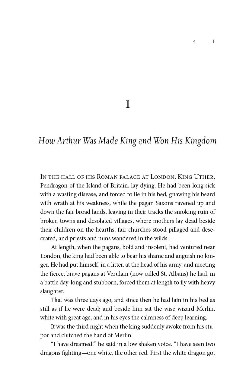 Book page with heading I and text about Arthur becoming king and winning his kingdom