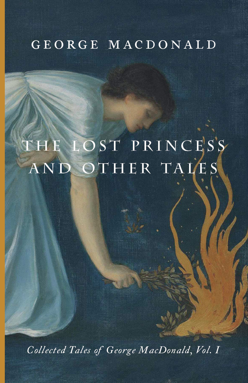 Book cover with illustration of a woman reading near flames, George MacDonald