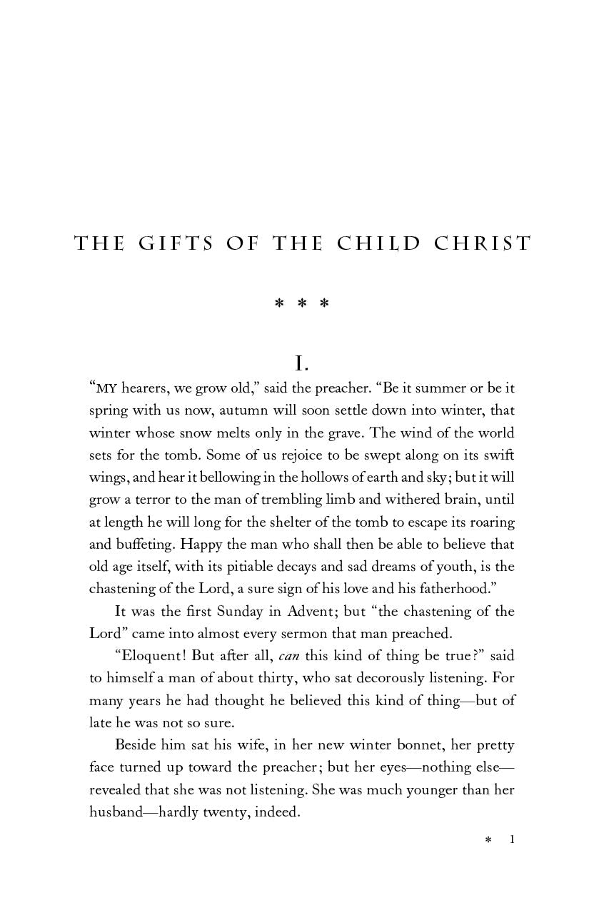 Book interior page with printed excerpt under heading 'The Gifts of the Child Christ'.