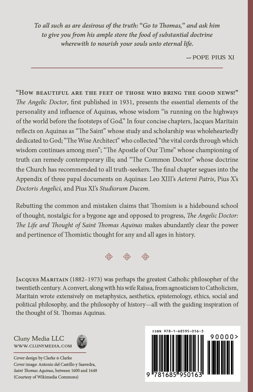 Book back cover with author bio text and barcode for The Angelic Doctor.