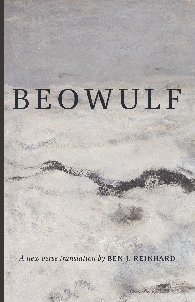 Beowulf book cover with large title and grayscale wave artwork