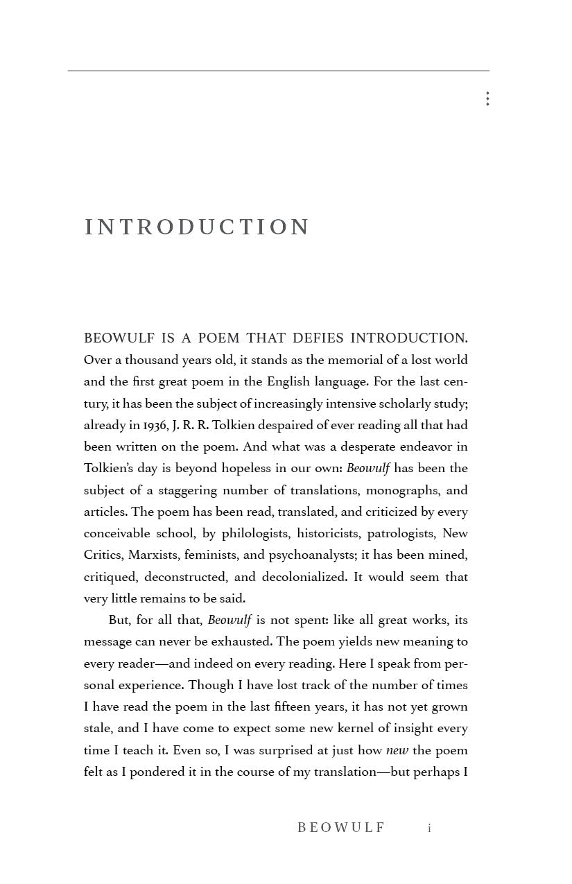 Beowulf book introduction page with heading and paragraph text