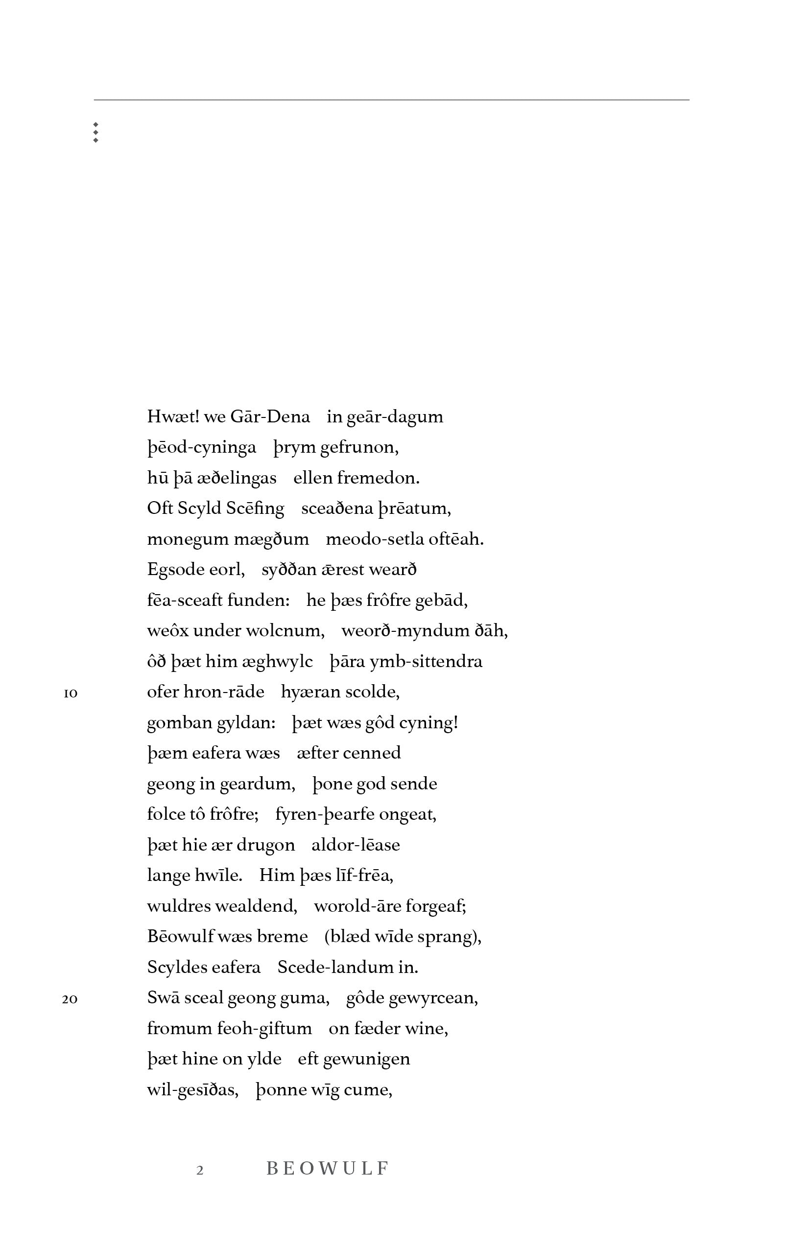 Beowulf book page with poem text and centered header at bottom