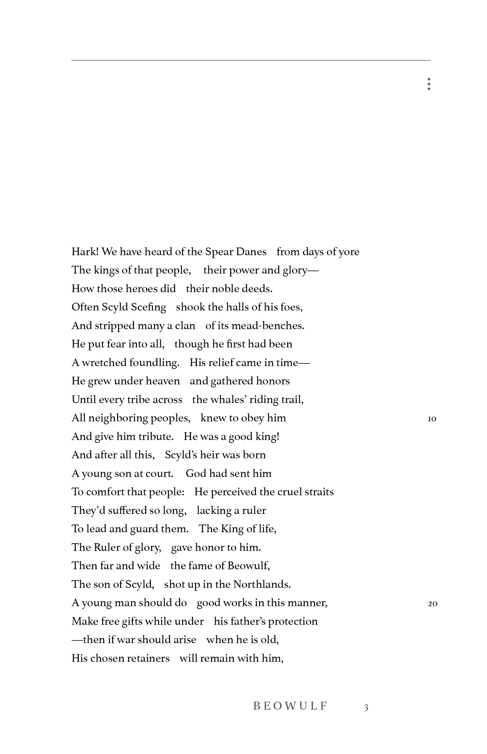 Beowulf book page with poem lines and centered footer text