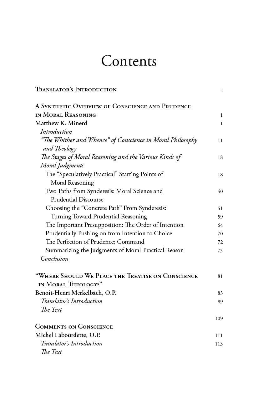 Conscience book contents page listing sections and page numbers under Contents