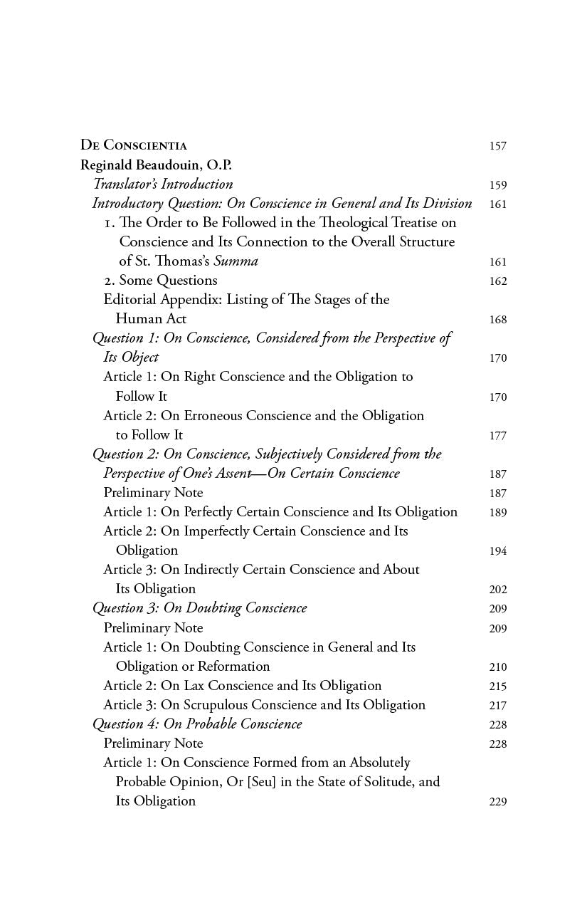 Conscience book page showing chapter titles and page numbers on conscience topics
