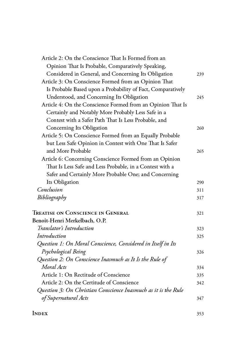 Conscience book contents page listing articles and questions with page numbers