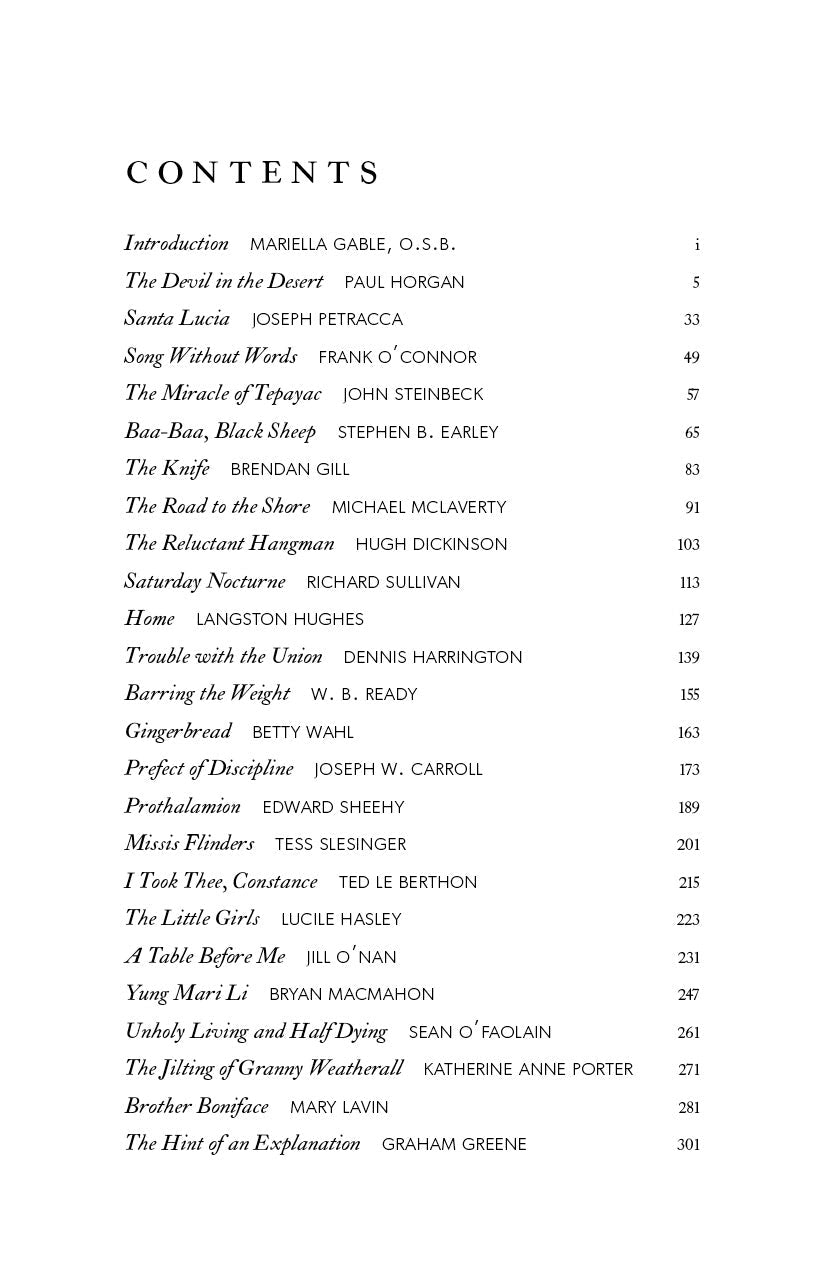 Fiction anthology book contents page with chapter list and page numbers
