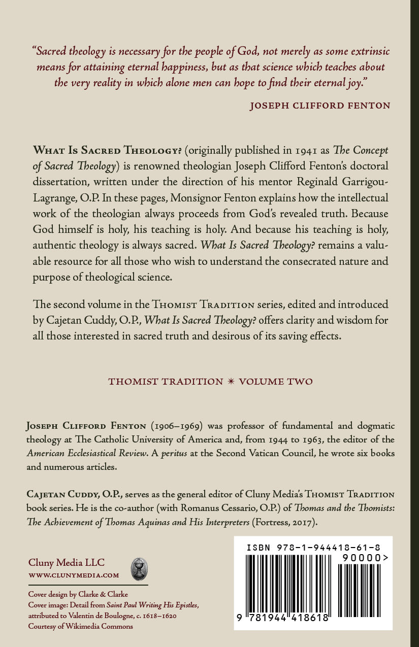 Sacred Theology book back cover text, publisher info, barcode