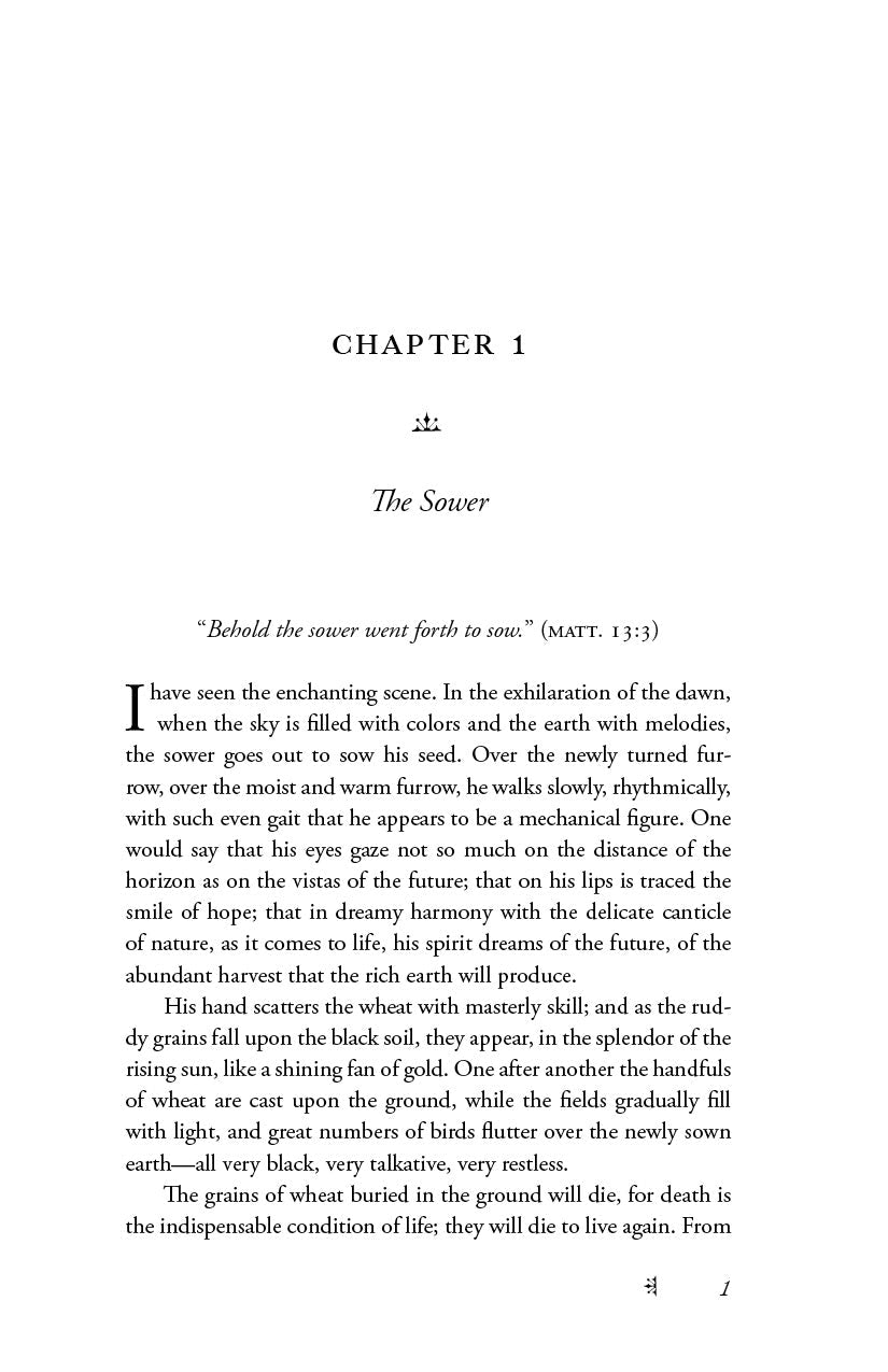 Book chapter page: Chapter 1, The sower, with quote and body text.