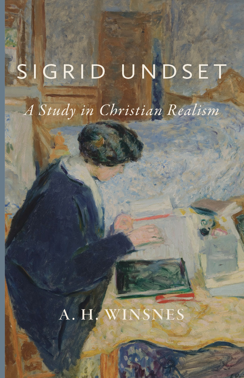 Book cover: Sigrid Undset study in Christian realism, painted figure writing at desk