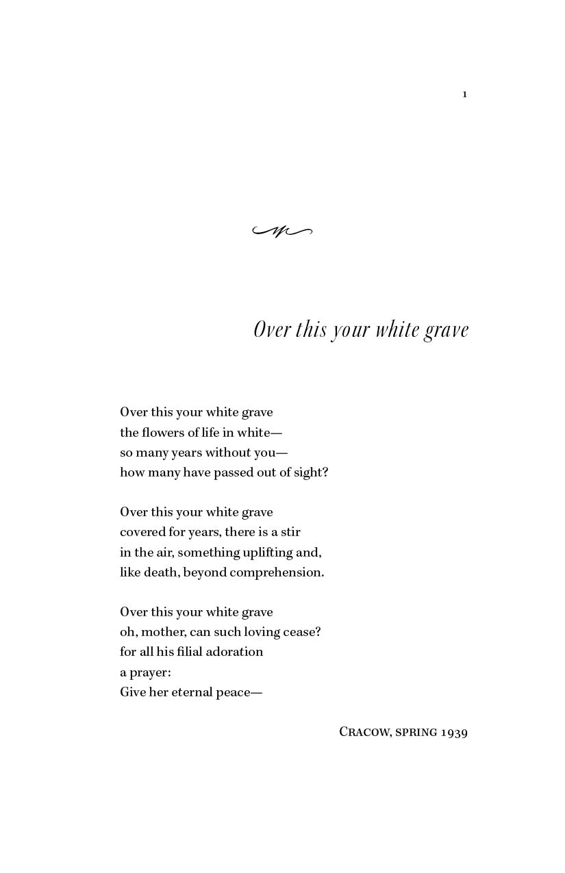 Paperback poem page titled "Over this your white grave" with verse text