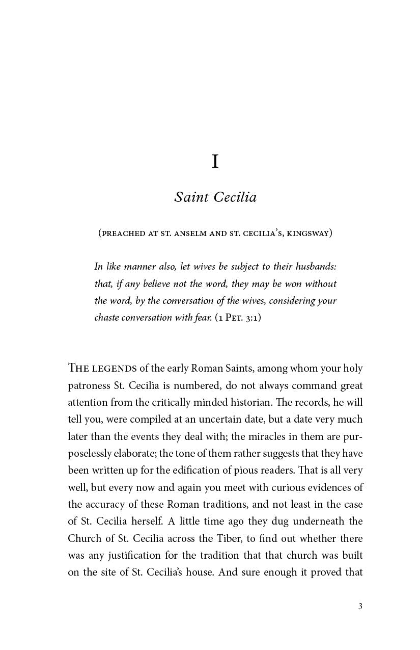 Book interior page headed “Saint Cecilia” with paragraphs of printed text