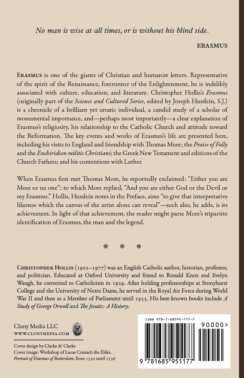 Book back cover with printed synopsis text and barcode for “Erasmus”