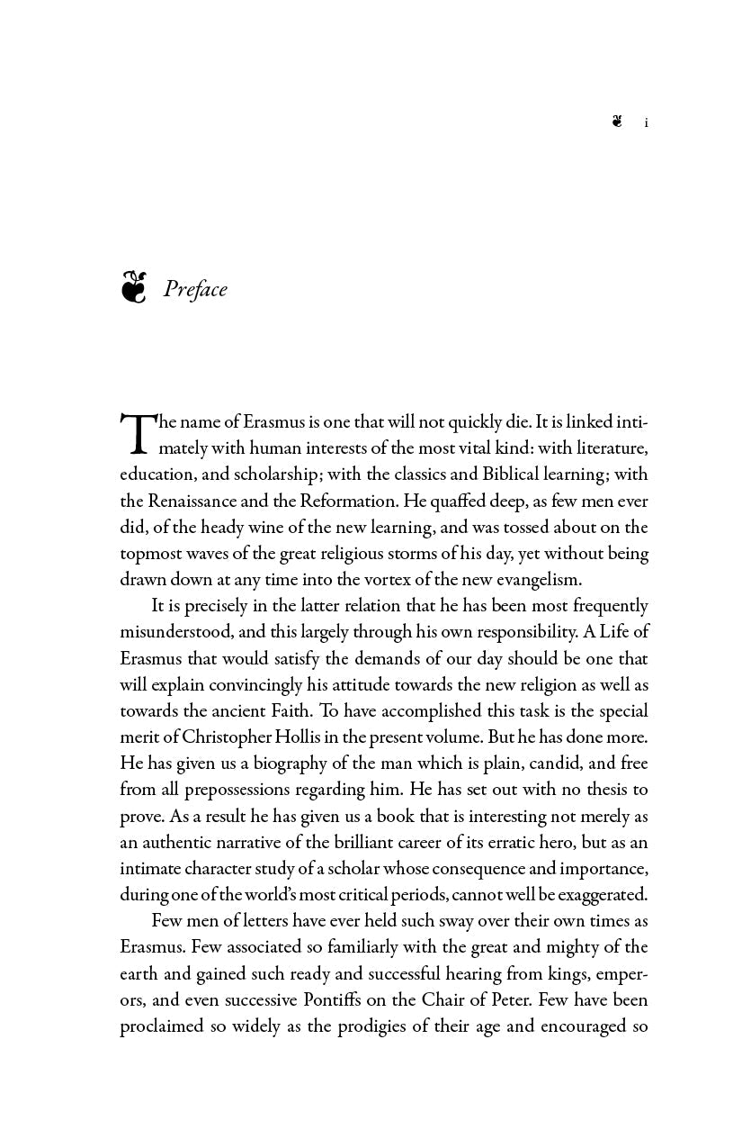 Book preface page with printed paragraphs about “Erasmus”