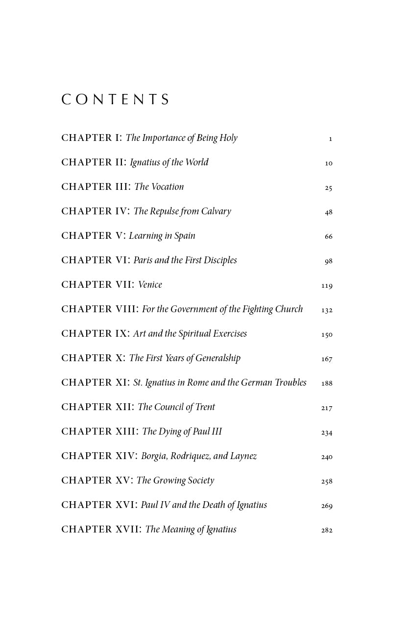 Saint Ignatius book contents page with chapter list and page numbers