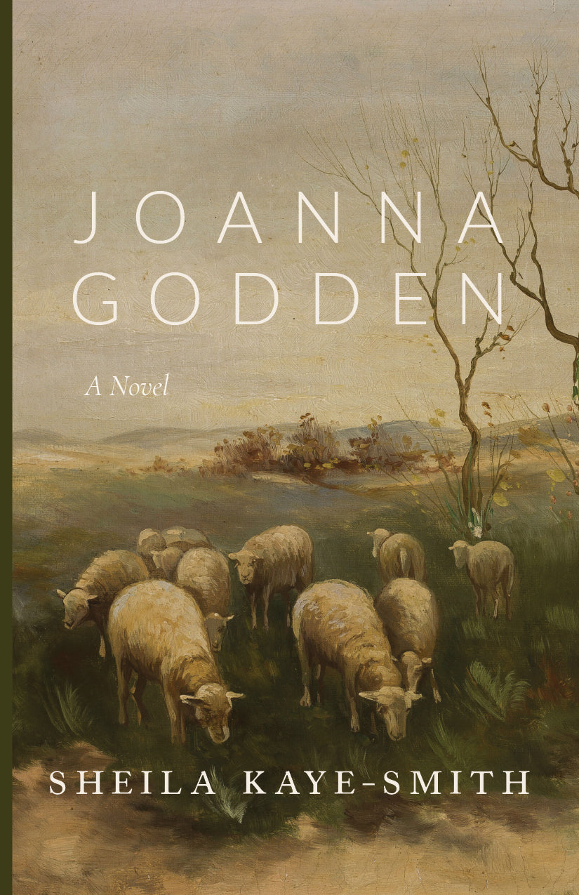 Fiction novel book cover with sheep landscape and large Joanna Godden title