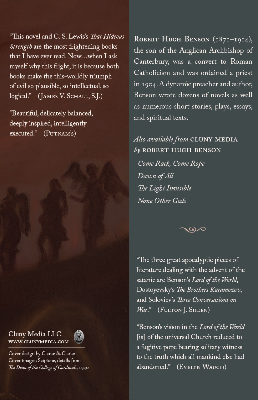 Hardcover novel back cover with quotes and Robert Hugh Benson details