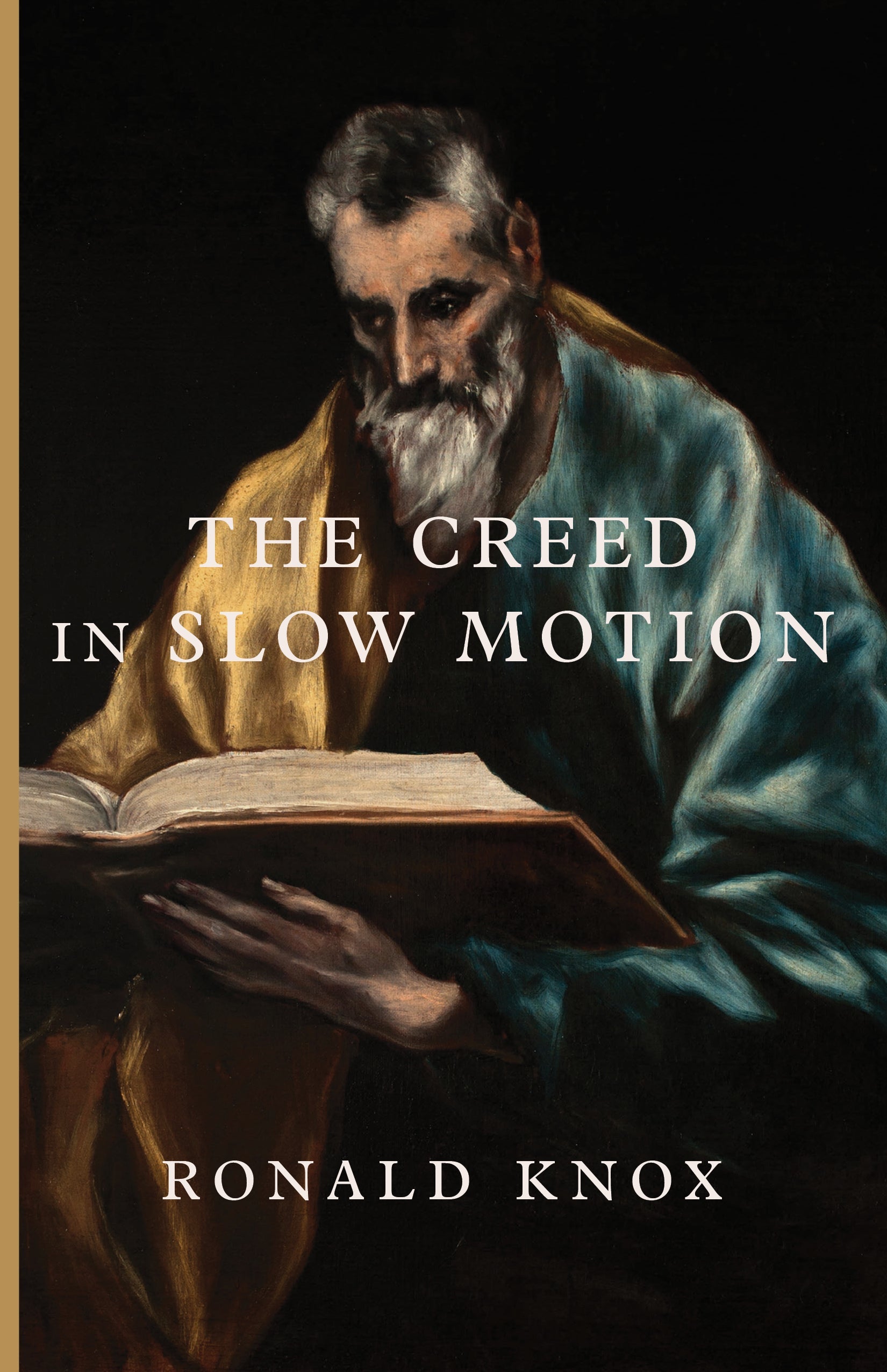 Book cover with illustrated bearded man reading, large title lettering