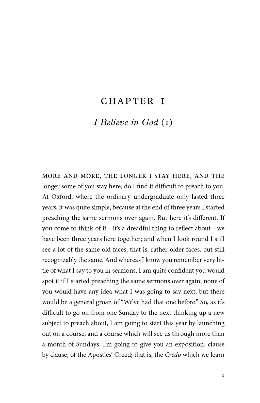 Book chapter page titled 'CHAPTER 1' and 'I Believe in God (1)'