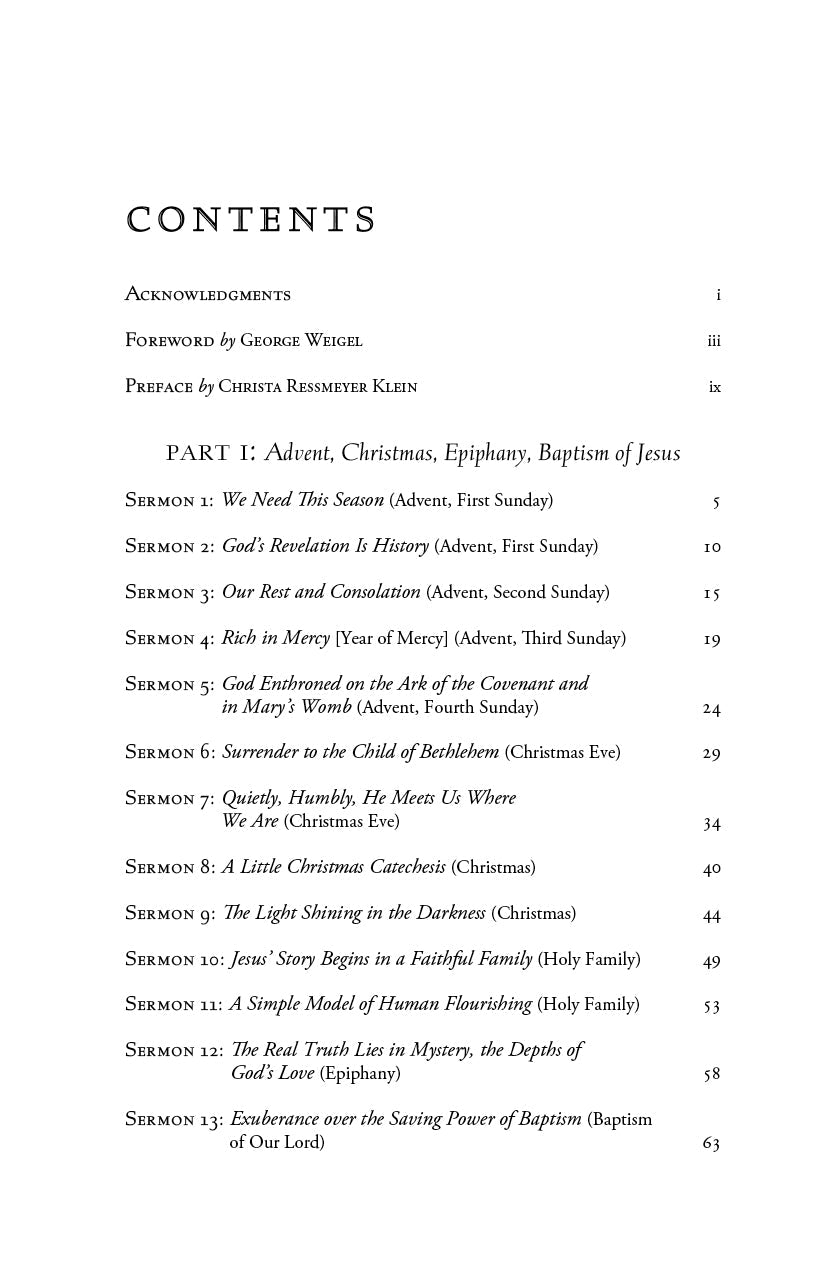 Collected sermons book contents page with section list