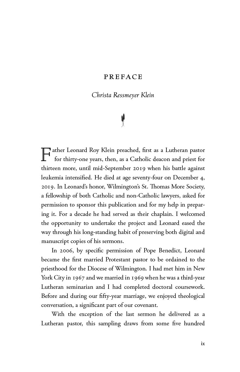 Collected sermons book preface page with Christa Kessmeyer Klein