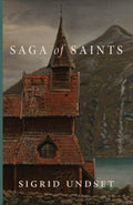 Book cover with red stave church, mountains, lake, and author name