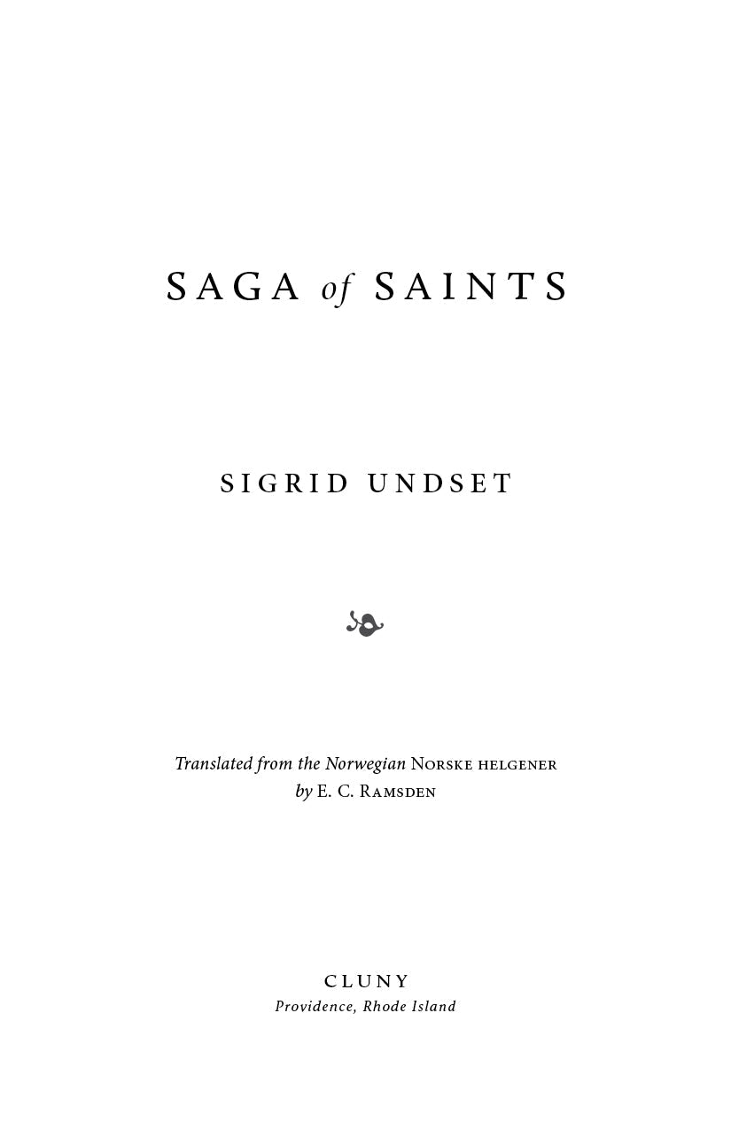 Book title page with 'Saga of Saints' and Sigrid Undset plus publication details