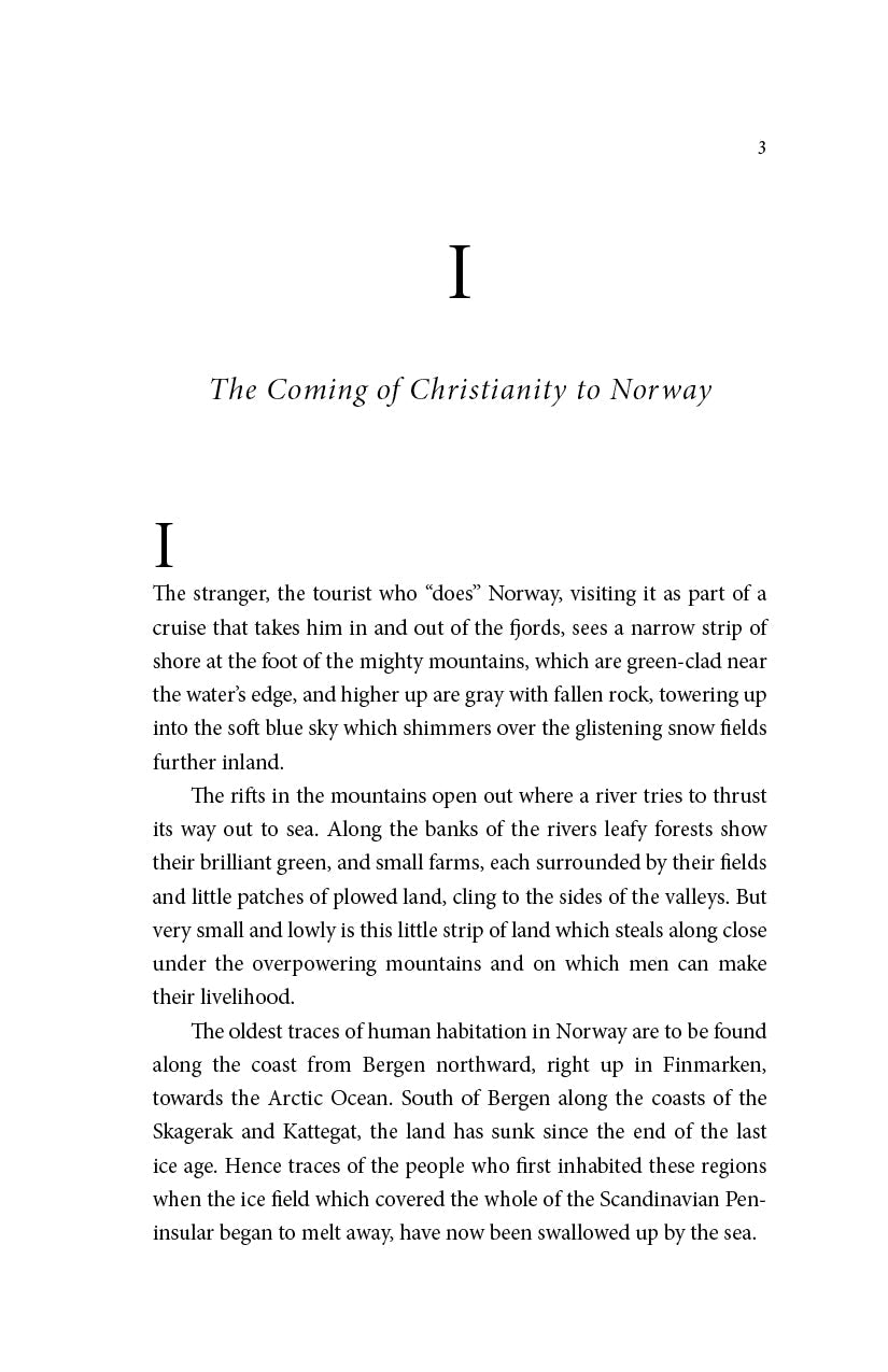 Book page with printed text and heading 'The Coming of Christianity to Norway'