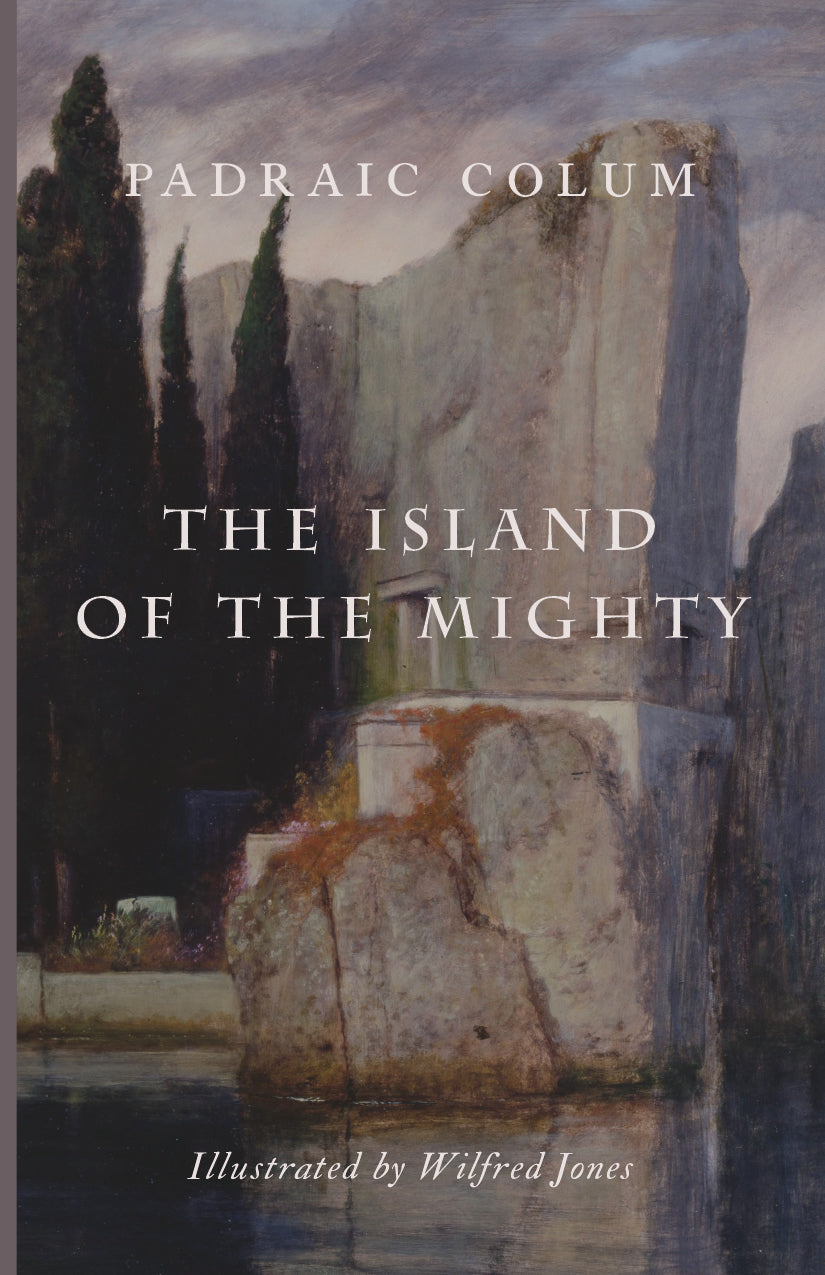 Book cover for The Island of the Mighty, illustrated figure with cliffs.