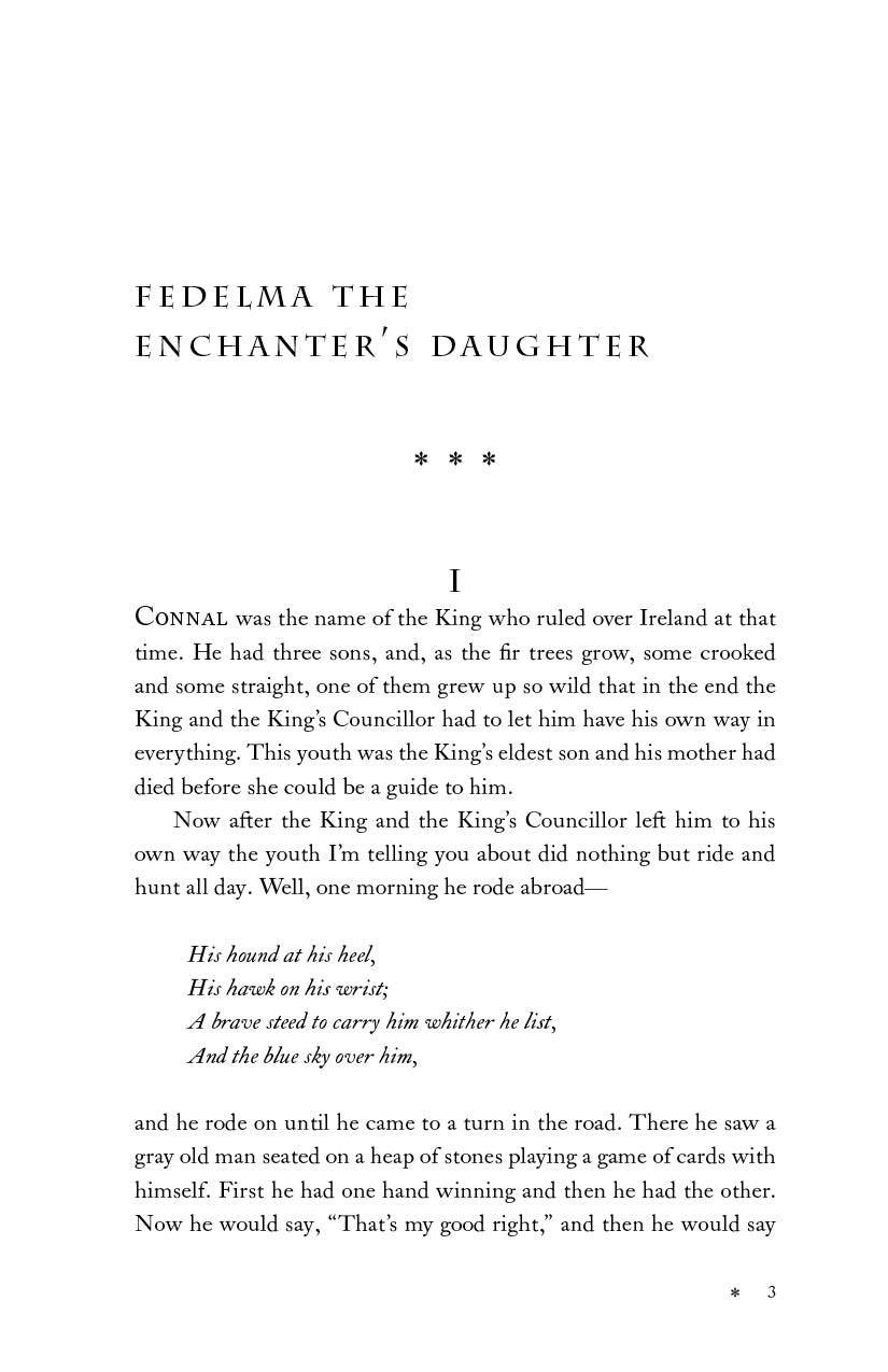 Book page with chapter title 'Fedelma the Enchanter's Daughter' and story text