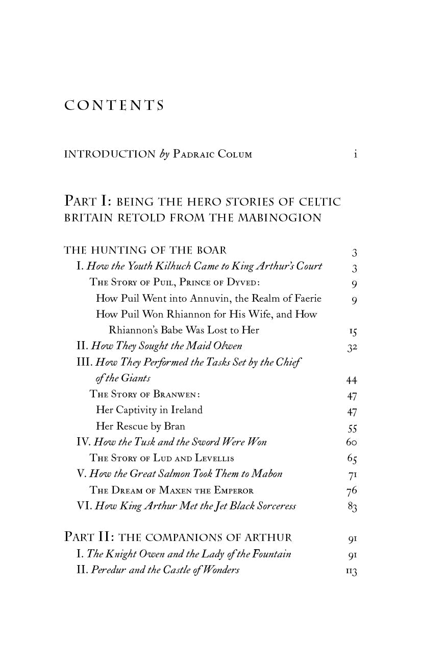 Book contents page with sections and page numbers.