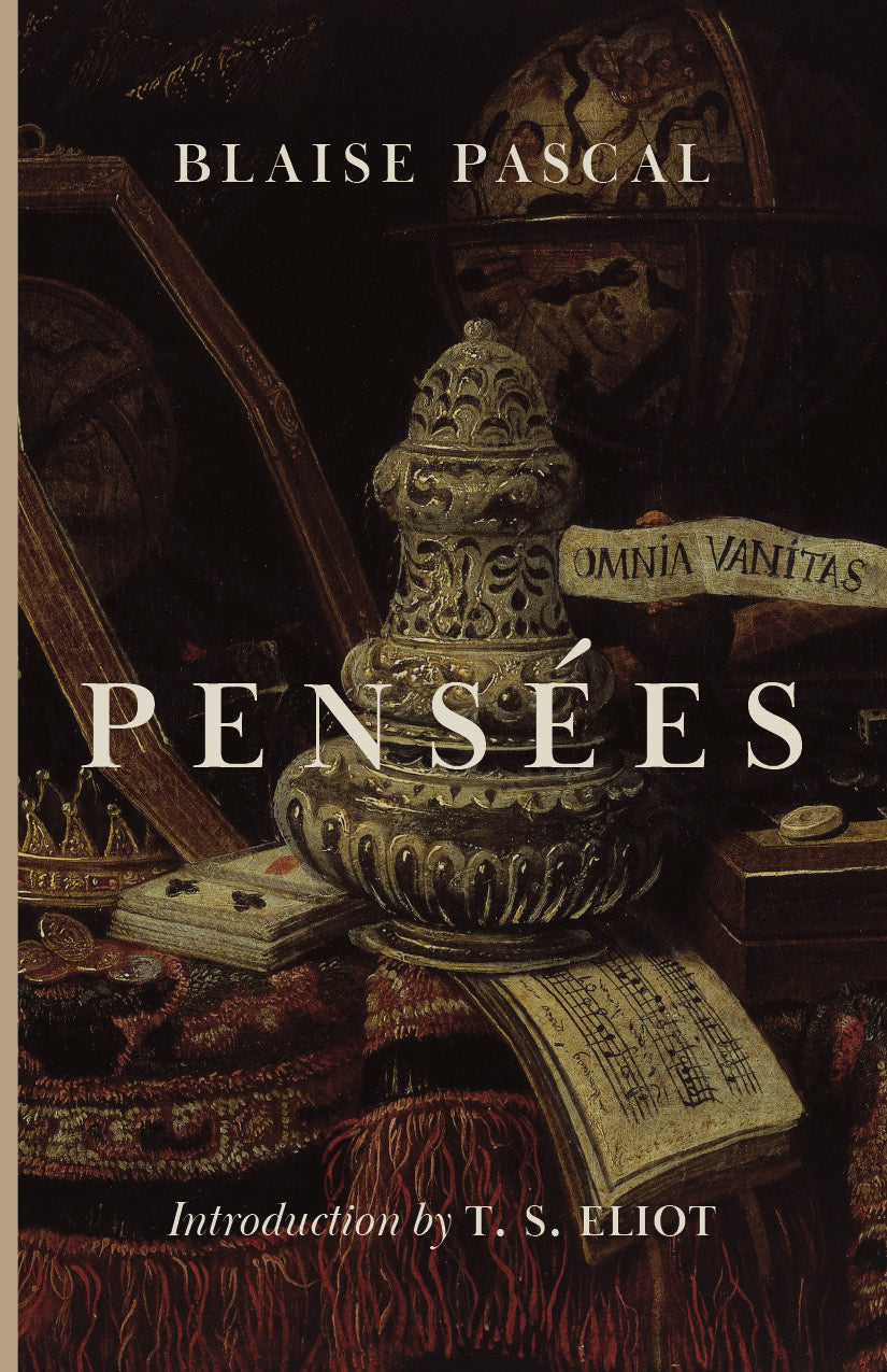 Ornate book cover with gold emblem and title "Pensées" by Blaise Pascal