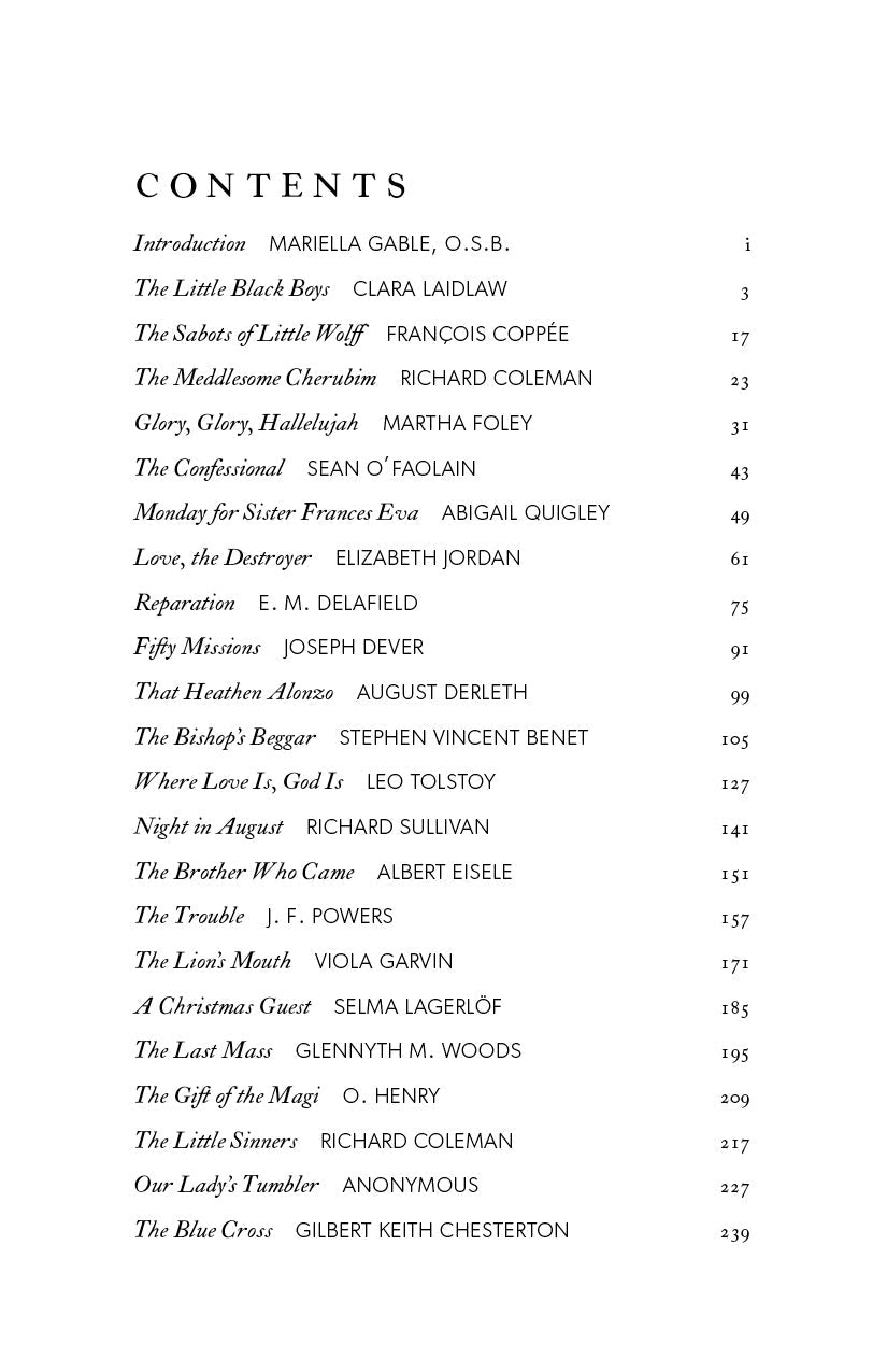 Book contents page with titled entries and page numbers