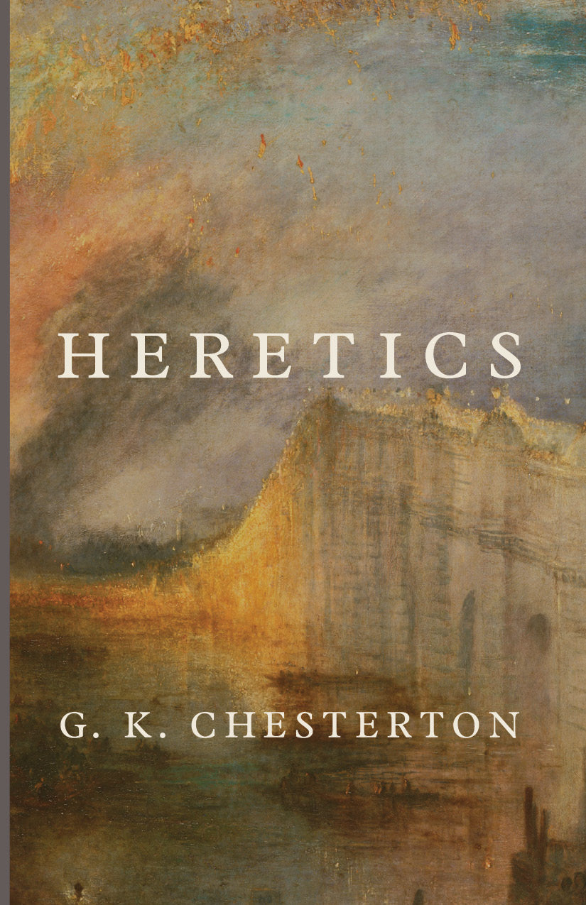 Heretics book cover with abstract art, title, and author G. K. Chesterton