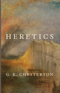 Heretics book cover with abstract art, title, and author G. K. Chesterton