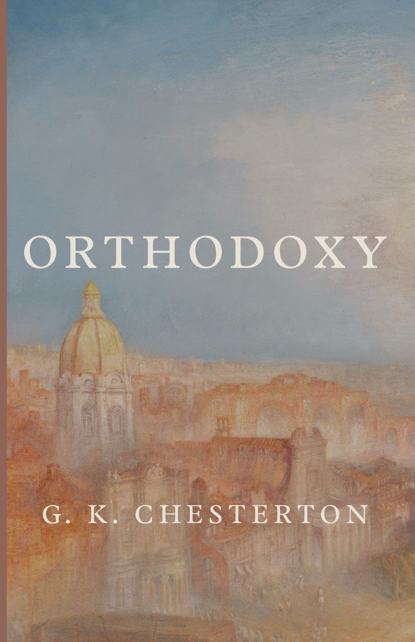 Orthodoxy book cover with title, G. K. Chesterton, and city illustration