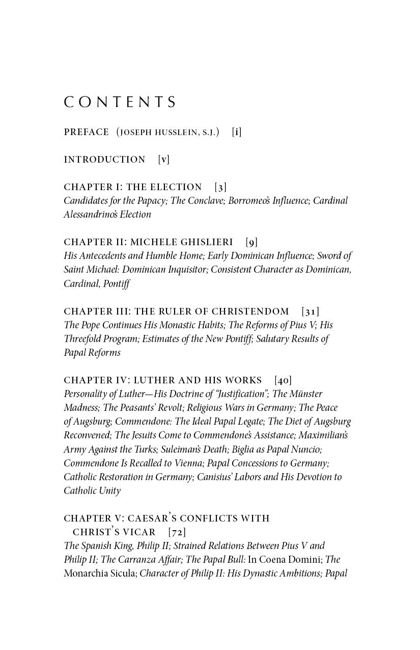 Book contents page with section list and chapter headings