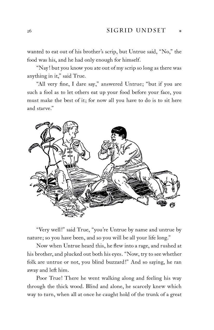 Interior page with line illustration and text by Sigrid Undset
