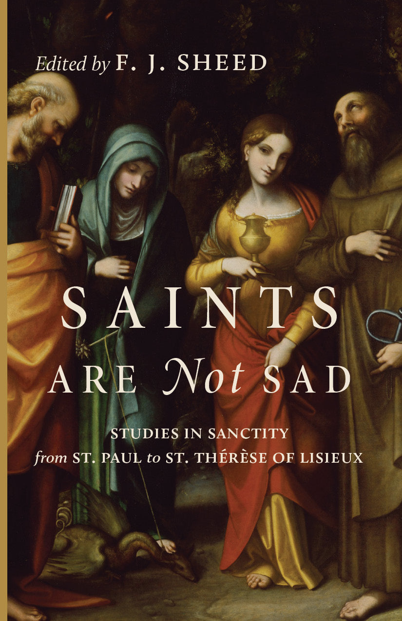 Hardcover book cover with religious painting and 'Saints Are Not Sad' title text.