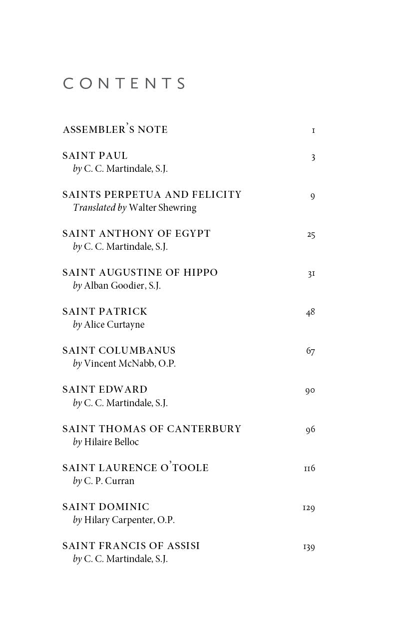 Book contents page listing saints and sections with page numbers.