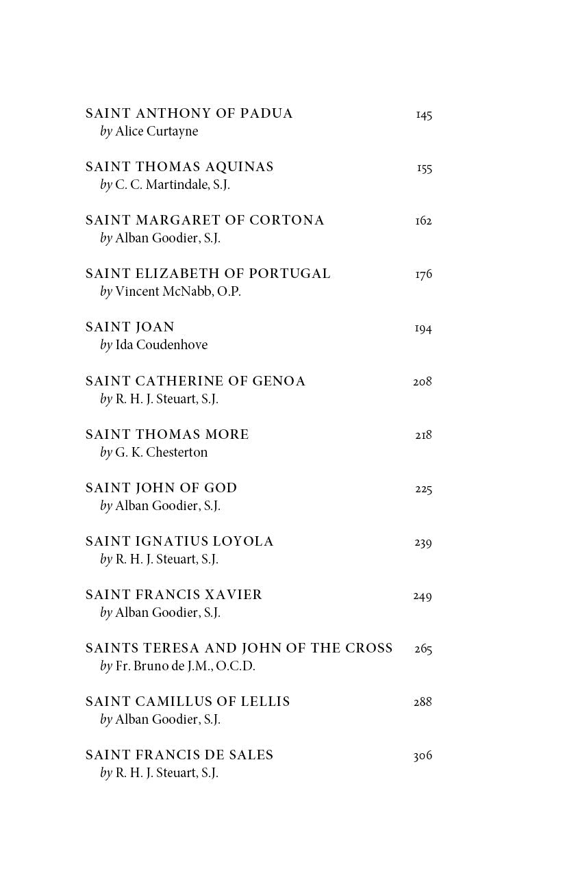 Book contents page continuing saint listings with page numbers.
