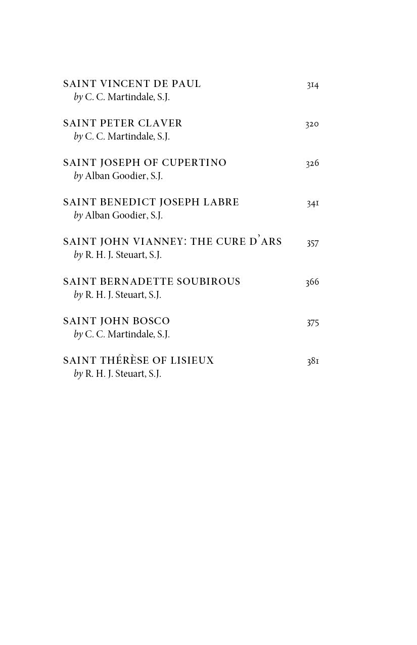 Book contents page continuing saint listings with page numbers.