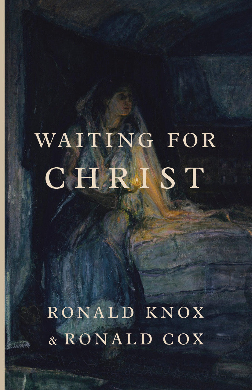 Waiting for Christ book cover, blue illustration and gold title lettering