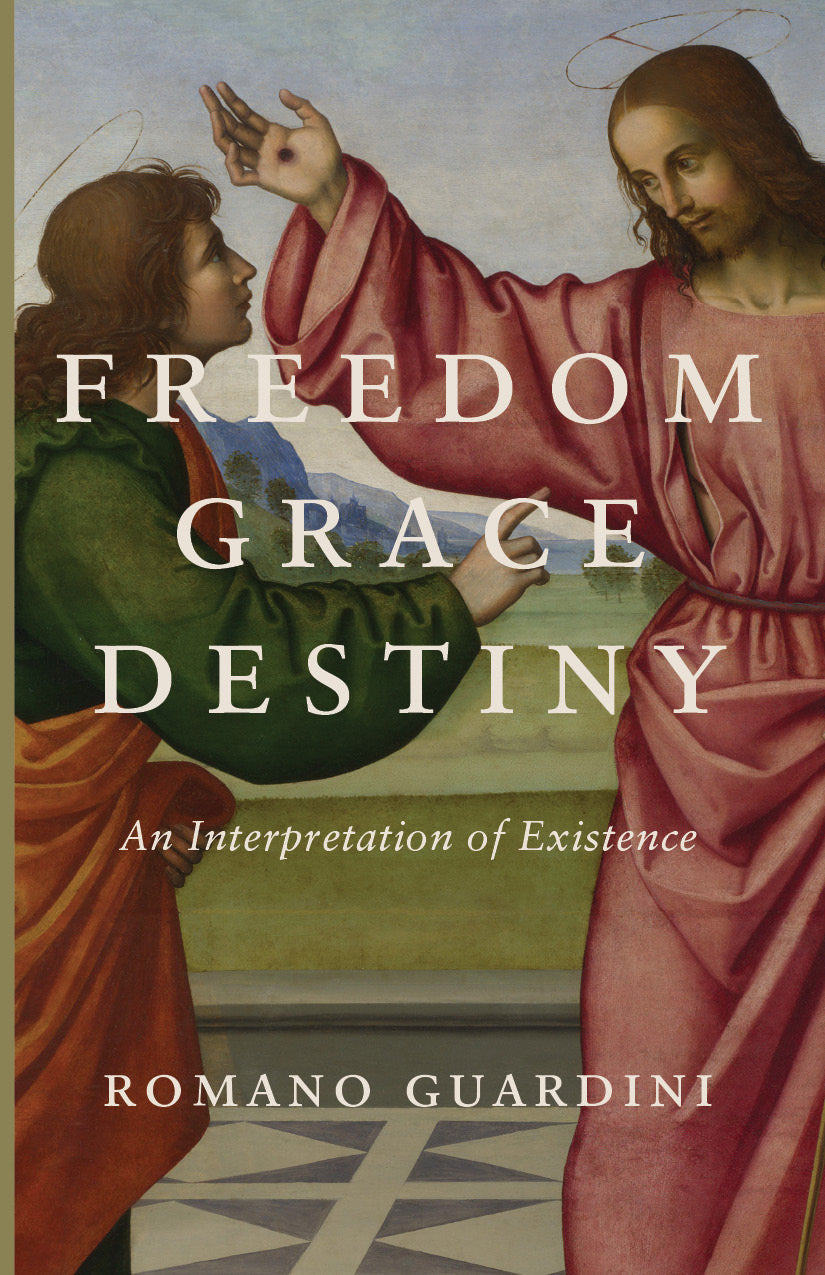 Book cover with religious figures and title Freedom, Grace, and Destiny; Romano Guardini