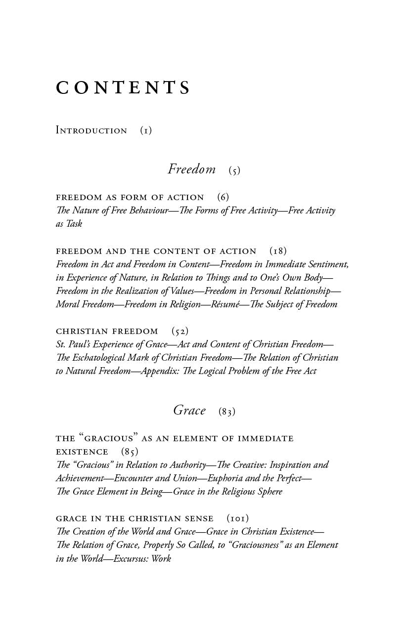 Book contents page with sections Introduction, Freedom, Grace, and Destiny