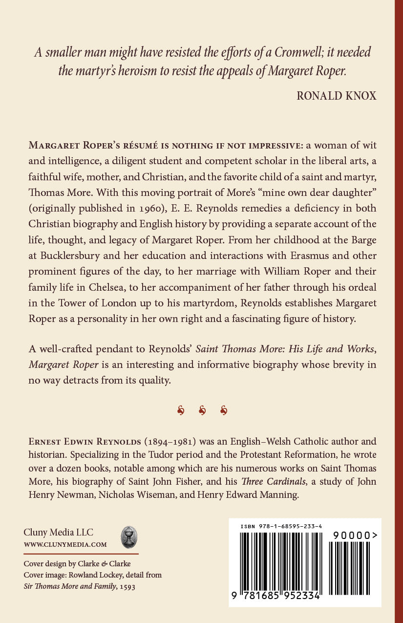 Margaret Roper back cover with author bio, synopsis text, and barcode