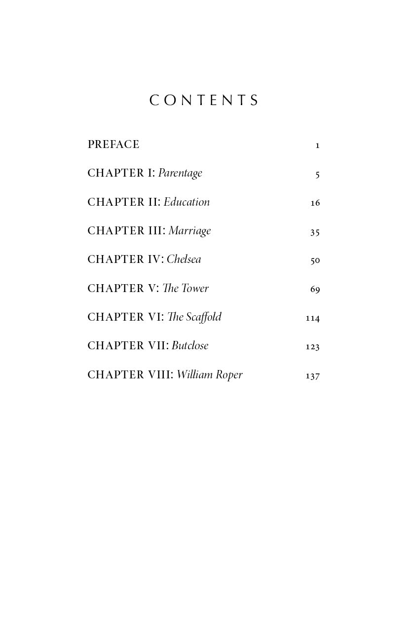 Margaret Roper contents page listing chapters I–VIII
