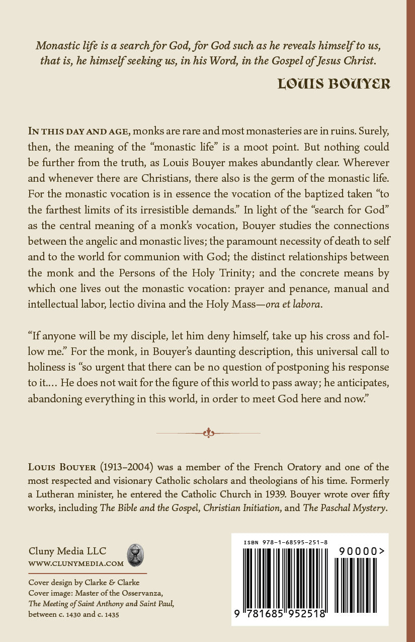 Book back cover with synopsis and author bio text, Louis Bouyer