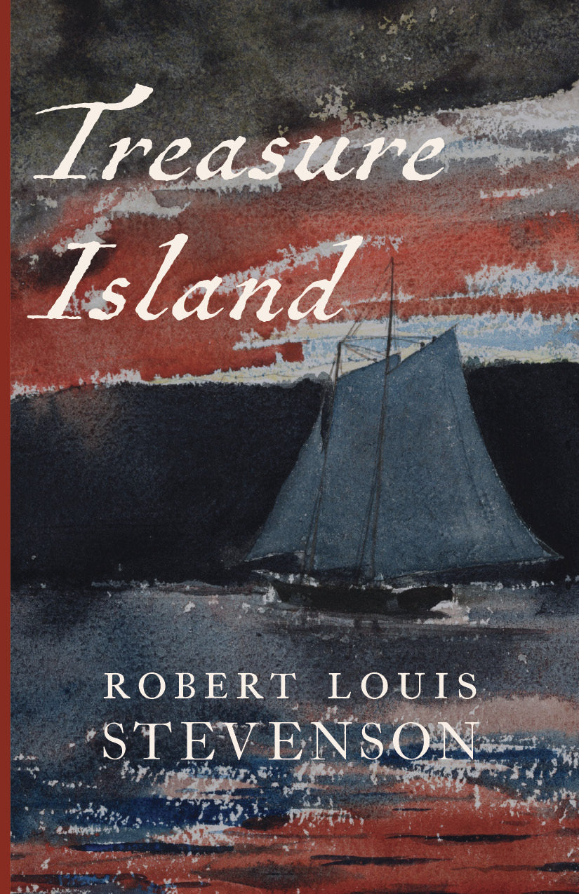 Treasure Island book cover with sailboat on dark red and blue waves